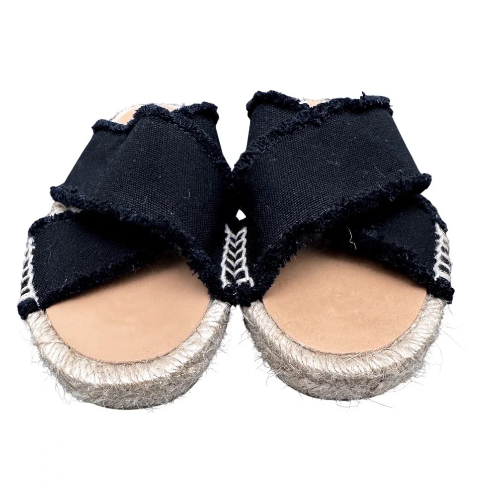 Castaner Palmera Espadrille Slide Frayed Canvas Crossover Black Size 7 Sandals